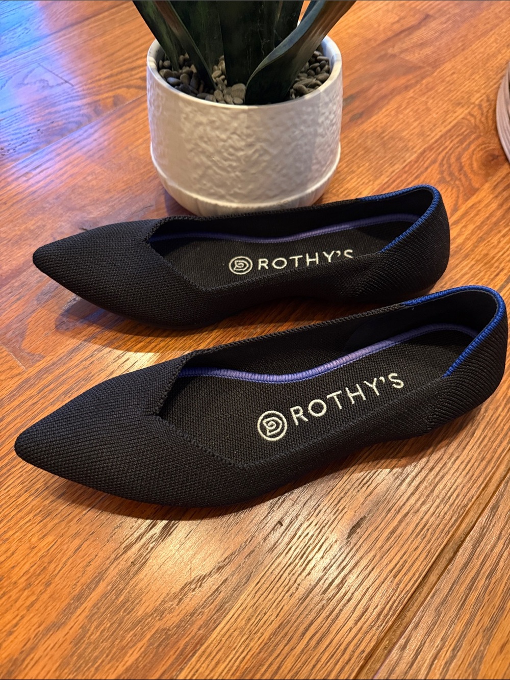 Rothy's Black Pointed Knit Flats with Subtle blue Trim